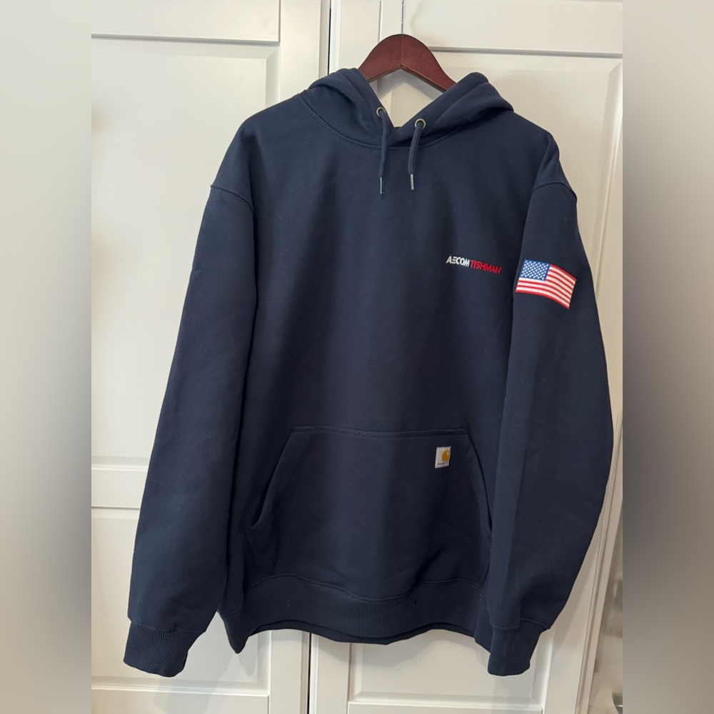 Carhartt Rain Defender Loose Fit Heavyweight Navy Blue Hoodie Embr Flag Co Logo